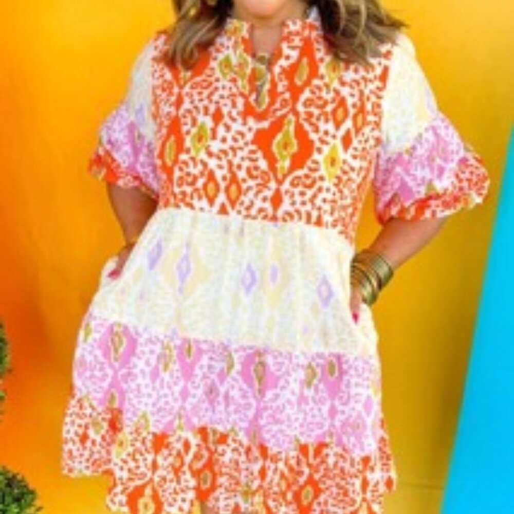 Plus Size Leopard Puff Sleeve Slit Neck Babydoll Dress